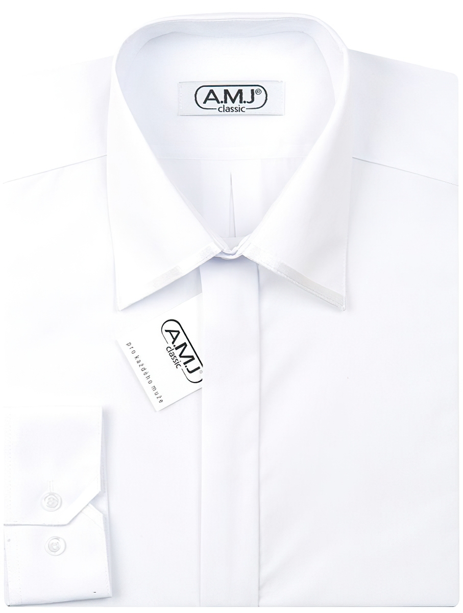 Pánská luxusní košile AMJ bílá JDA018SAT, dlouhý rukáv, zdobený límec