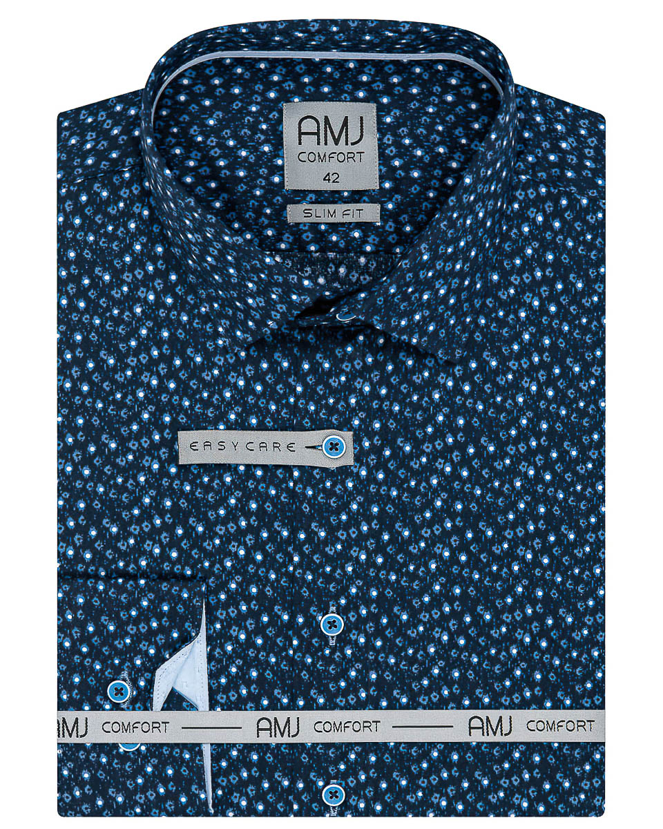 Pánská košile AMJ bavlněná, modrá s puntíky VDSBR1164, dlouhý rukáv, slim fit (základní + prodloužená délka)