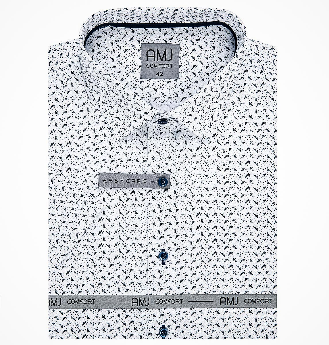 Pánská košile AMJ bavlněná, tmavě modré tečky a vlnky na bílé VKBR1138, krátký rukáv (regular + slim fit)